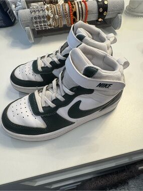 Nike White and Dark Green Mid-Top Sneakers